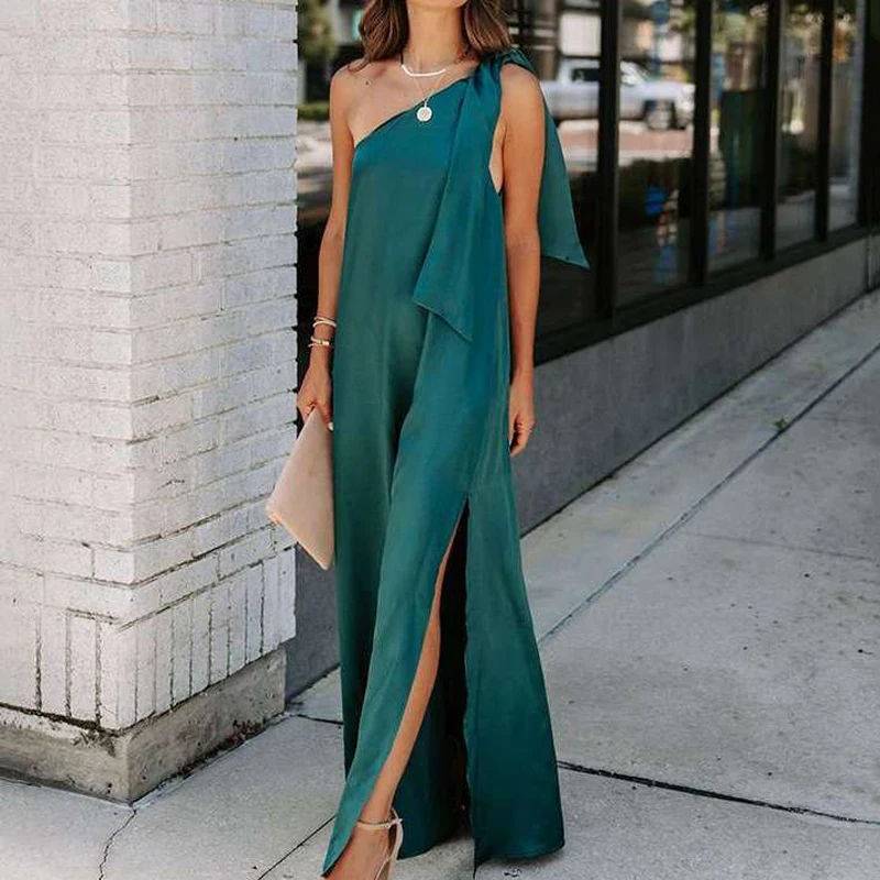 

Женское длинное пляжное платье на одно плечо, элегантное свободное однотонное платье в стиле бохо с диагональным вырезом и пуговицами, лето