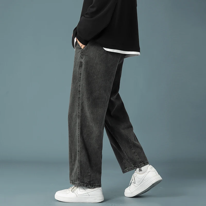 2022 Spring New Men's Baggy Denim Wide Leg Pants Korean Style Elastic Waist Stylish Harem Fit Jeans Skateboard Trouse Male Black