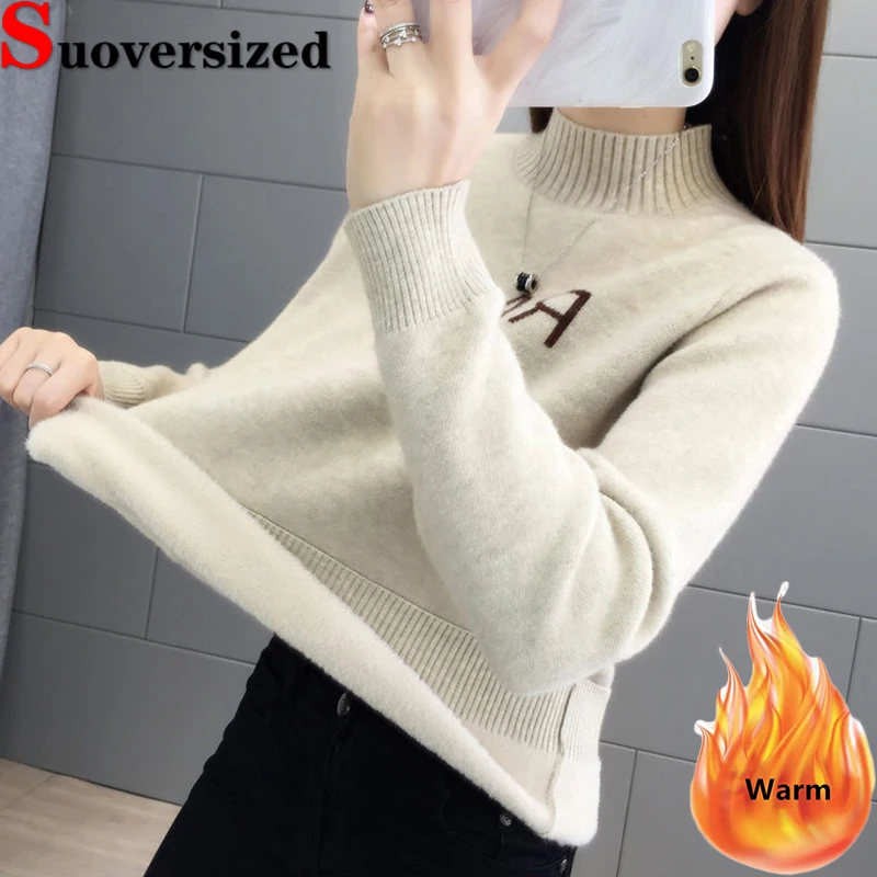 

Add Velvet Mock Neck Winter Sweater For Women Warm Thicken Knitted Jumper Casual Long Sleeve Tops Plush Lining Bottomed Pullover