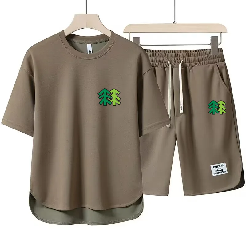 Summer New Men's 2-Piece T-shirt +Shorts Set Fashion Ventilate Printing Loose Harajuku Style Street Apparel Casual Golf Sportswe