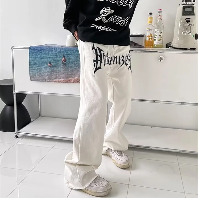 2023 Men's Jeans Pants Y2K New Cool Design Leather Embroidery White Baggy Fashion Street Wear Straight Loose Hip-hop Jeans Pants