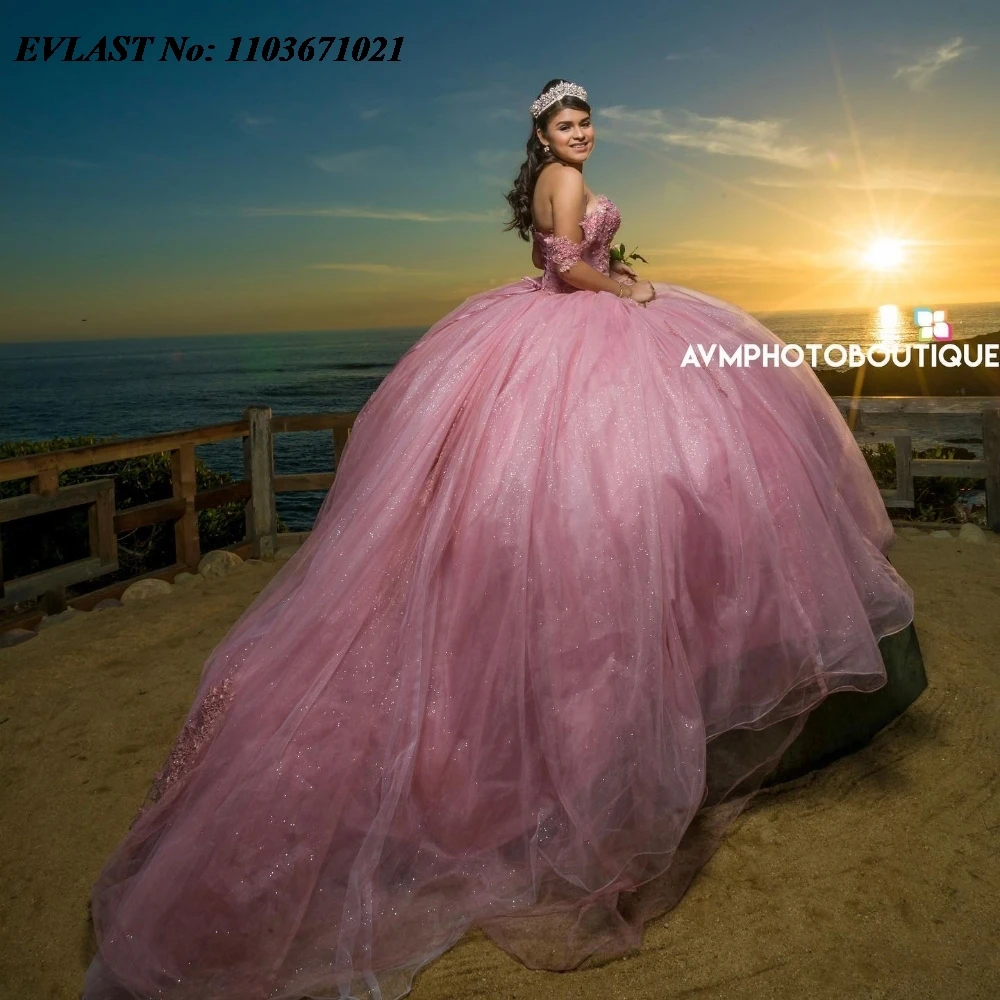 Блестящее розовое платье для Quinnceanera EVLAST бальное Кружевная аппликация украшенная