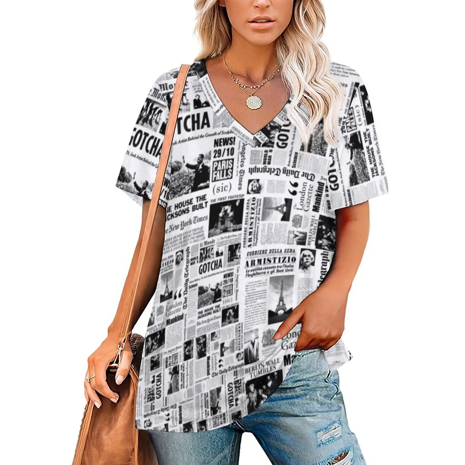 

Vintage Newspaper T Shirt Black White Modern T-Shirts V Neck Short Sleeve Pattern Tshirt Ladies Casual Clothing Big Size