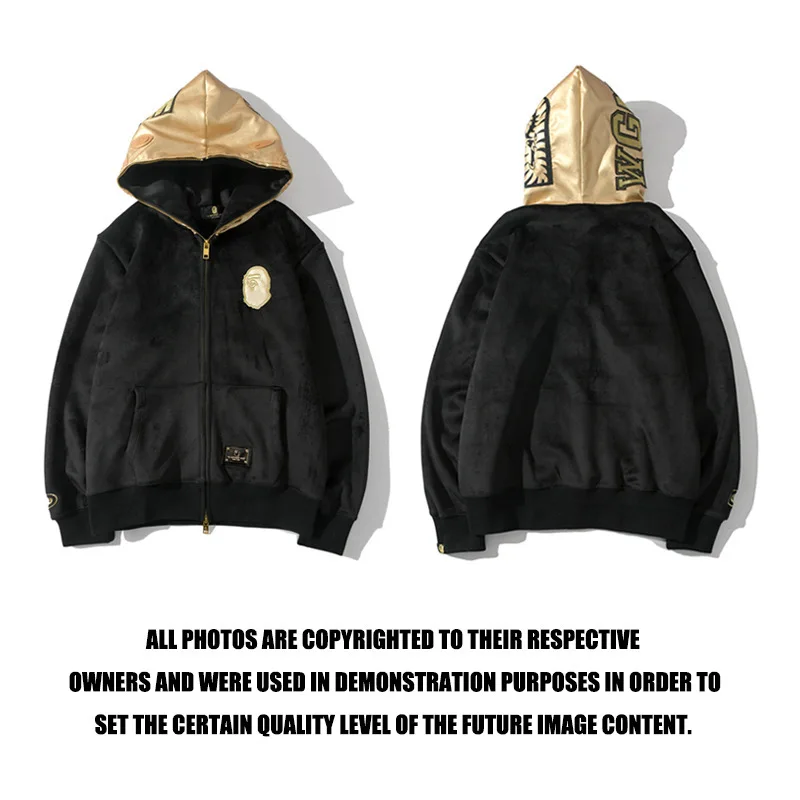 

A BATHING APE BAPE ASIA Size brand ferret velvet black gold hat shark head hooded cardigan sweater coat for men and women.