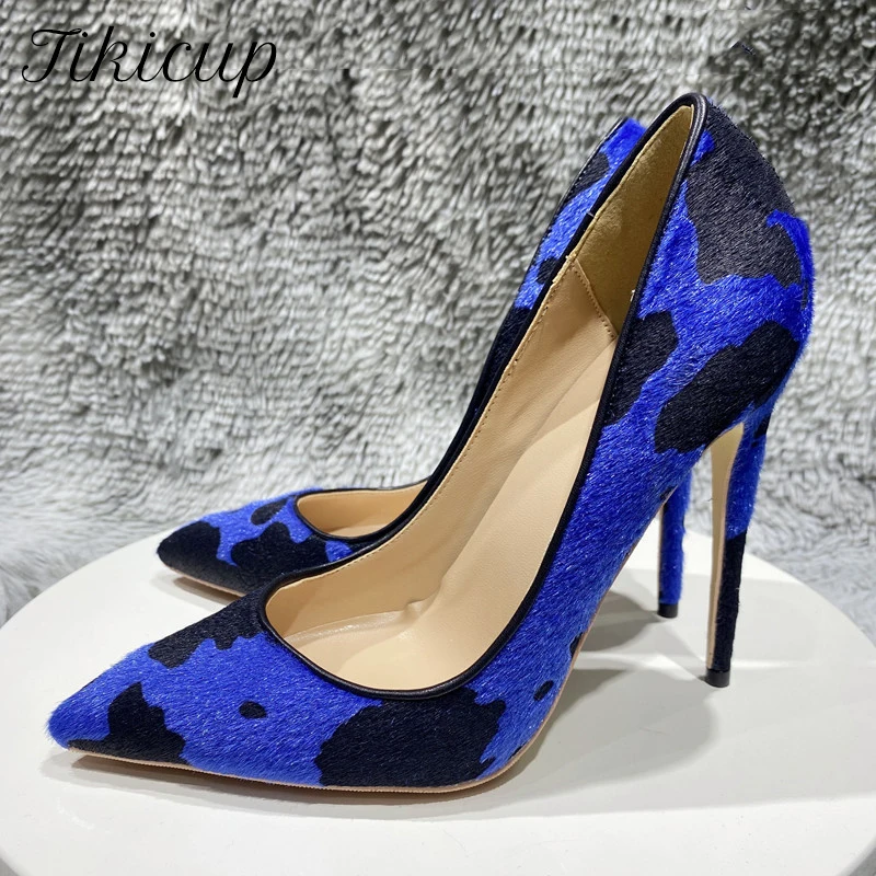 

Tikicup Blue Cow Women Hairy Flock Pointy Toe High Heel Shoes Comfortable Elegant Ladies Formal Dress Slip On Stiletto Pumps