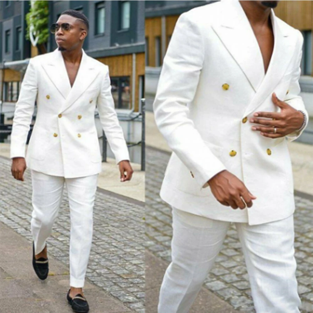 Casual Summer Beach Men's Formal White  Suits Groom Wear Double Breasted Party Wedding Peaked Lapel Tuxedos(Jacket+Pants)