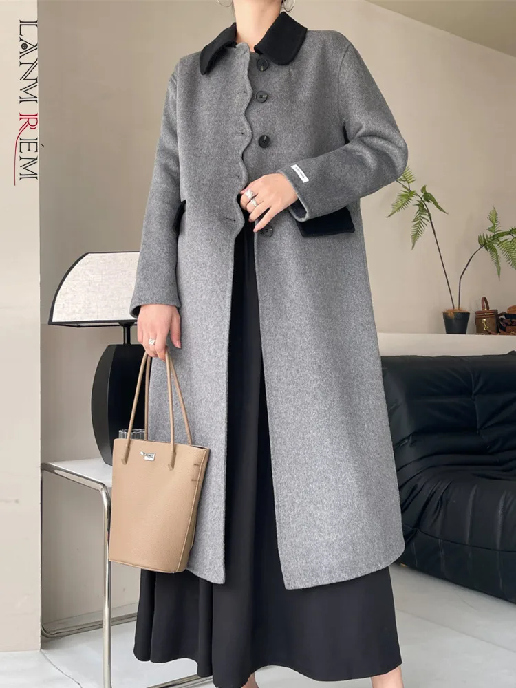 

[LANMREM] Gray Elegant Wool Coats For Women Lapel Single Breasted Long Sleeve High End Warm Outwear 2023 Winter New 26D7100