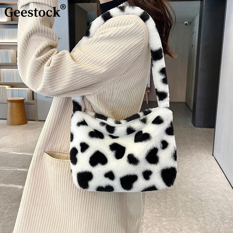 

Geestock Fashion Fluffy Faux Fur Soft Shoulder Bags Women Winter 2022 Plush Handbag Cow Print Mini Shoulder Bag Ladies Bolsos