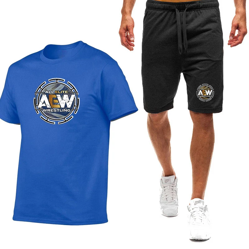 Фото Новинка 2026: Мужской летний комплект AEW All Elite с принтом, футболка с коротким рукавом в стиле Harajuku (9 цветов) и повседневные шорты, 2 предмета №4