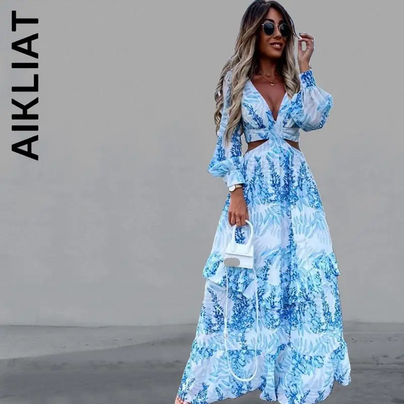 

Aikliat модная туника Пляжная накидка с V-образным вырезом открытой спиной с вырезами рукавами-фонариками платье макси простое платье базовый ...