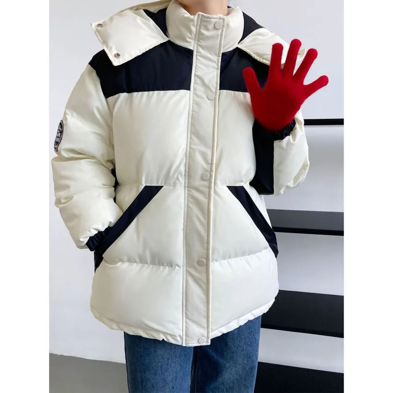 Winter Hooded Women Down Cotton Padded Jacket 2022 Thickened Color Contrast Zipper Drawstring Warm Windproof Jackets Casual Coat