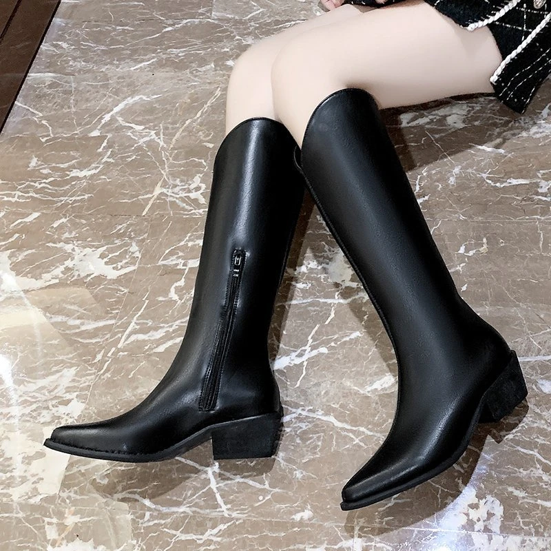 

Sexy Knee-high Boots Cowboy Western Boots 2023 Hot Spring Knight Boots Pu Leather Women Long Boots Female Shoes Plus Size 35-40