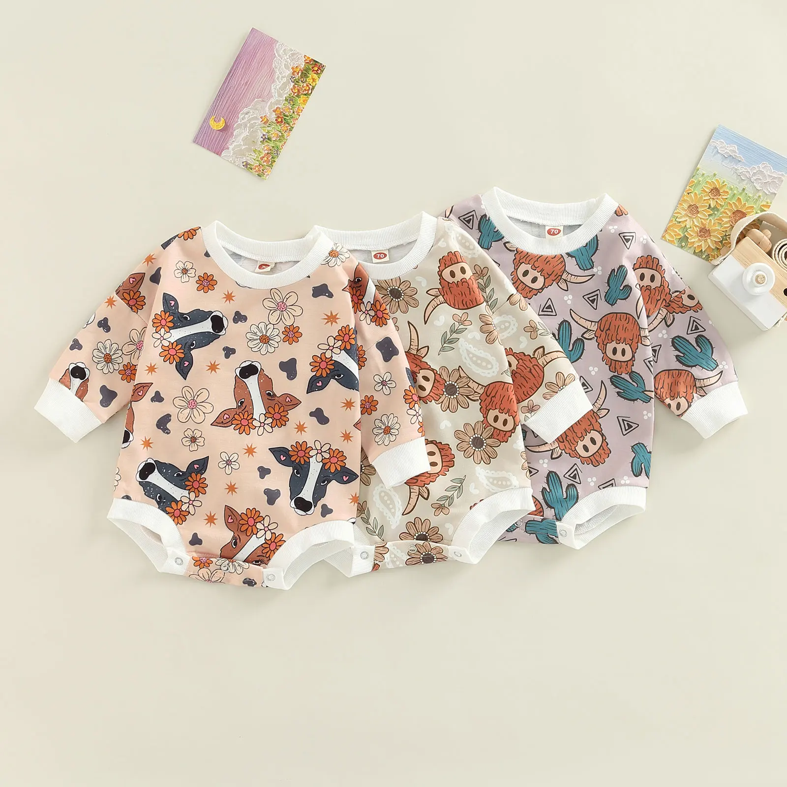

Toddle Newborn Baby Girl Boy Autumn Bodysuit Long Sleeve Cartoon Cow Head Cactus/Floral Print Jumpsuit 0-24M