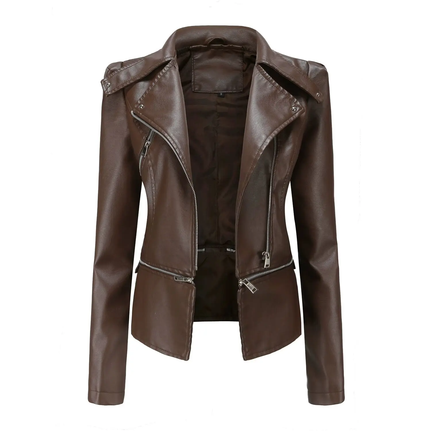 New women's leather jacket fashion autumn winter women's imitation leather Zipper jacket Tops popular hem can be removed coat