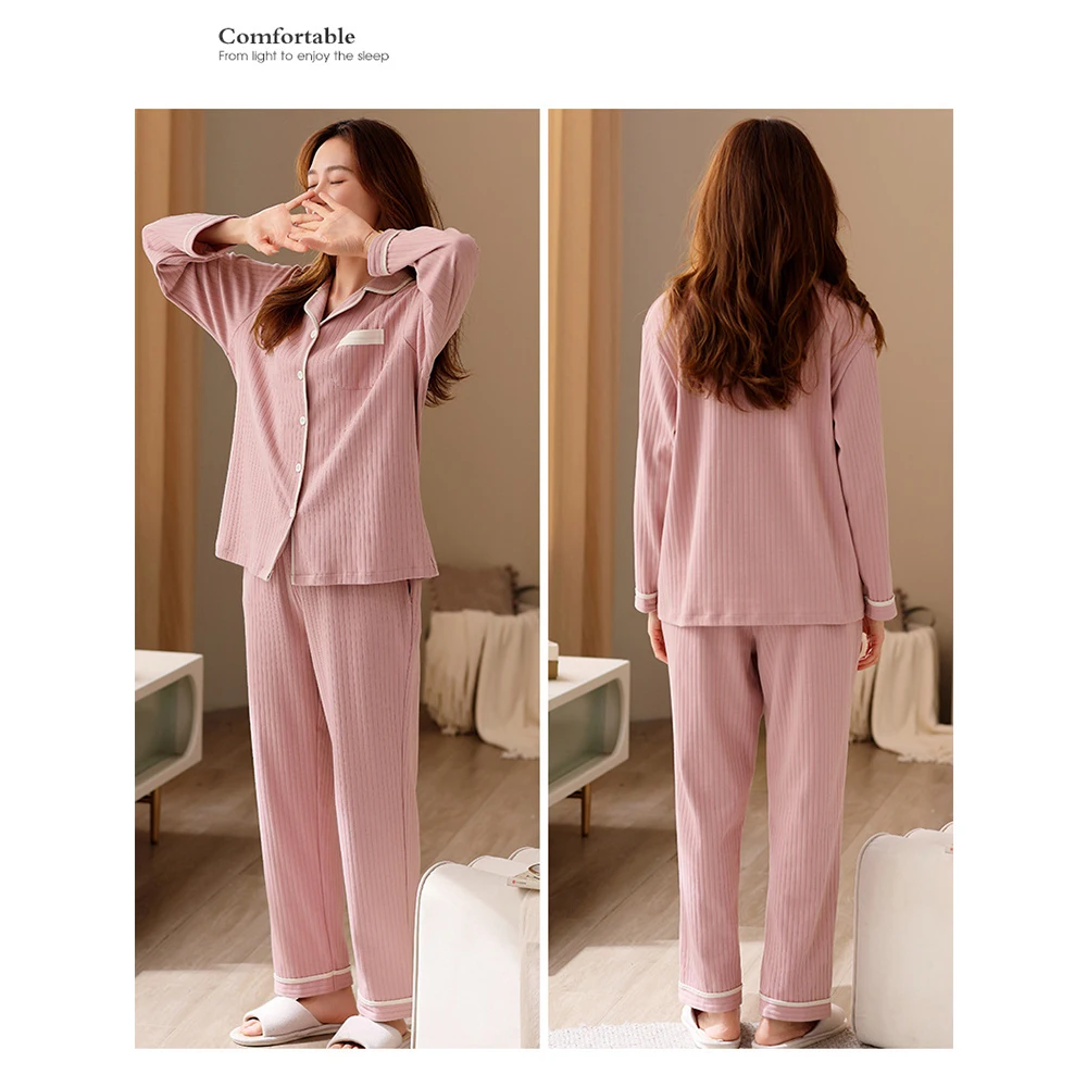 High-fashion 100% Cotton Sleepwear Solid Striped Women's Pajamas Set Autumn Winter Simple Casual Buttons Home Suit Loungewear