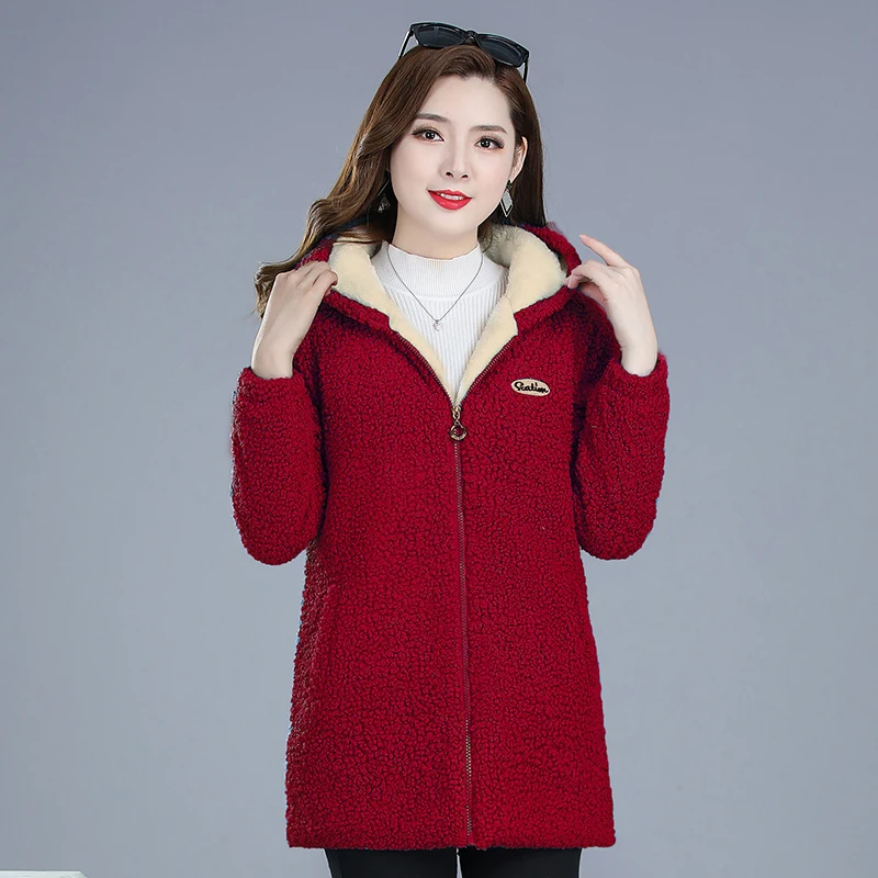 2022 Mother Winter Women's Jacket New Female Lambswool Plus Velvet Cotton Coat Overcoat Hooded Warm Lady Outerwear