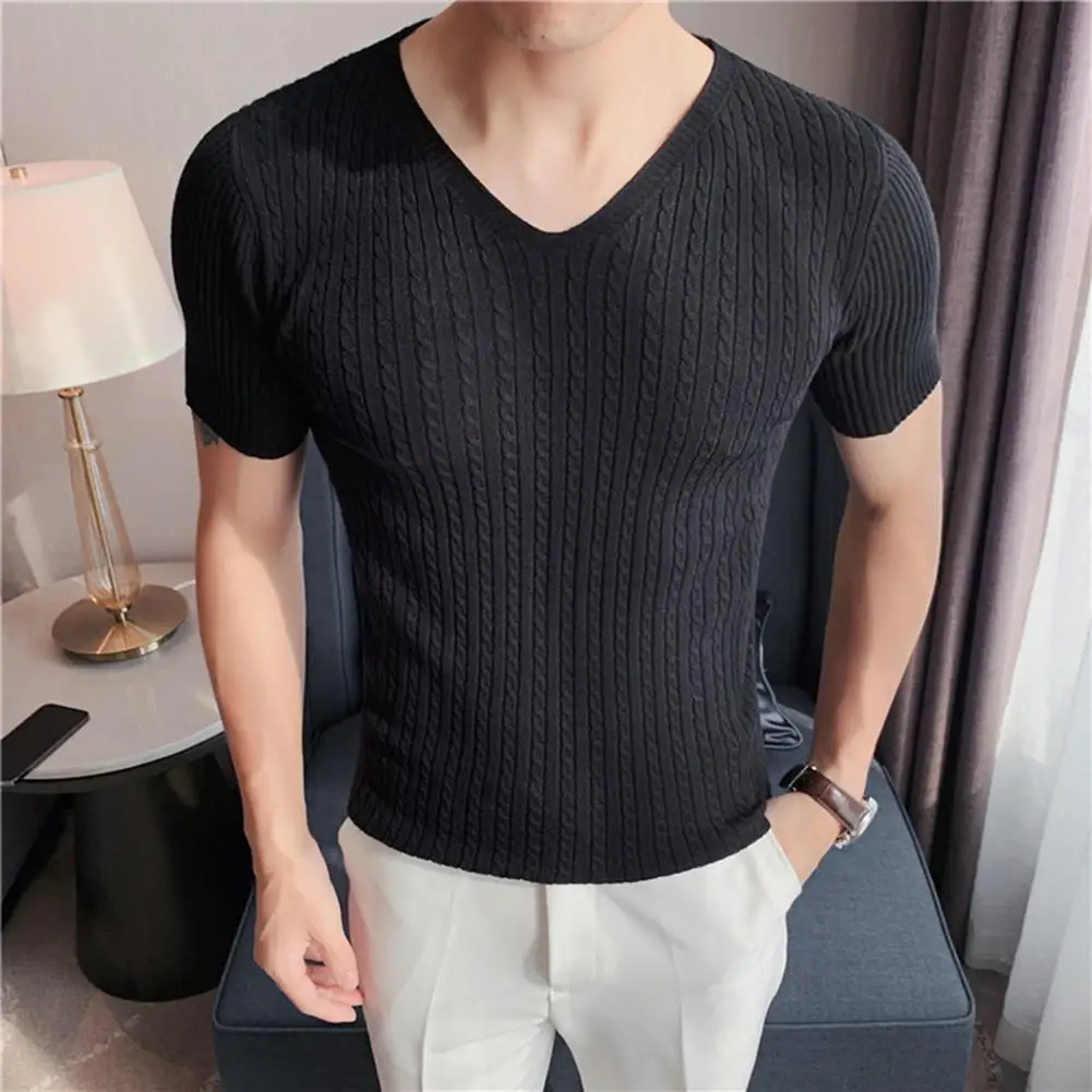 

Men Summer Top Knitted Elastic Short Sleeves Slim Fit V Neck Anti-shrink Solid Color Soft Breathable Casual Pullover T-shirt