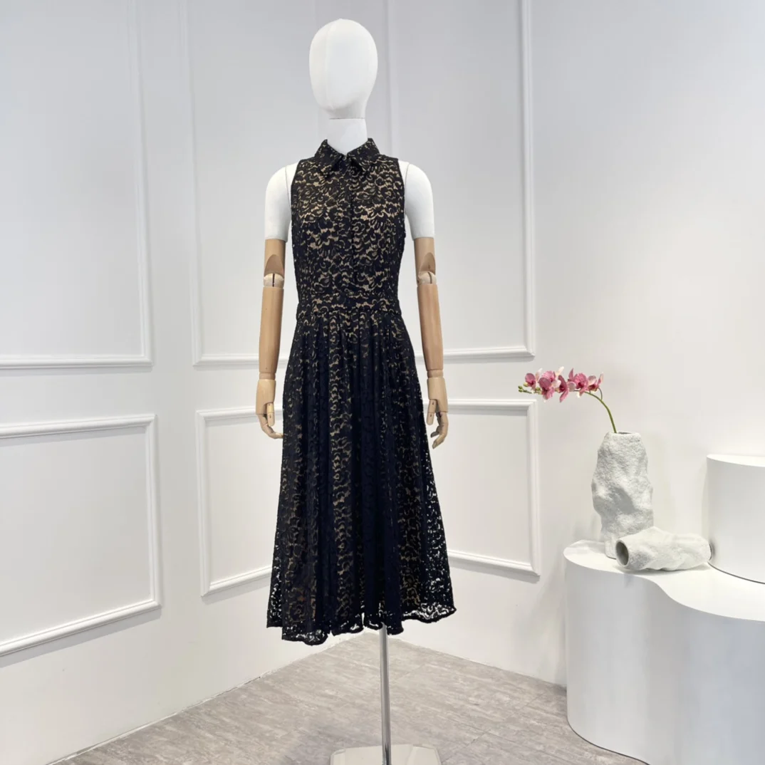 

2022 New Summer Top Quality Elegant Black Sleeveless Lace Back Zipper Closure Stand-up Collar Vintage Style Midi Lady Dress