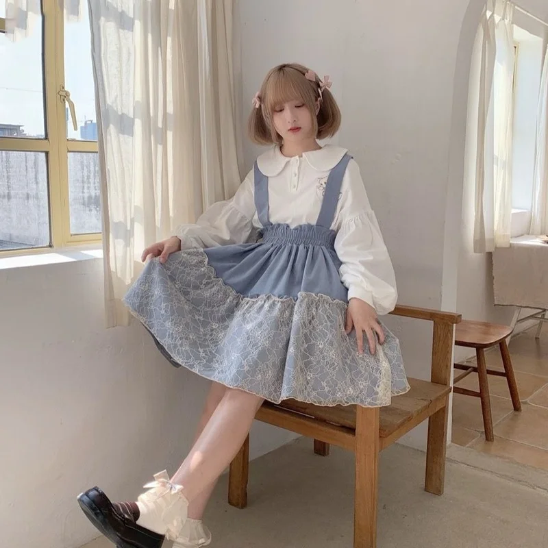 

Japan Spring Summer Lolita Fashion Lace Ruched Strap High-waist Ruffle Edge Cake Short Skirt Soft Student Sweet Girl Skirt