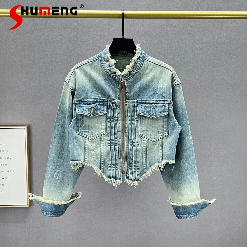 

Frayed Hem Denim Jacket Women's 2023 New Autumn Loose Irregular Jeans Coat and Jackets Top Casual Female Coats Casaco Feminina