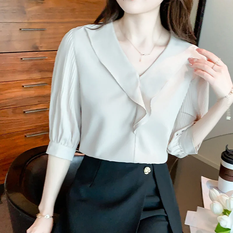 

Fashion V Neck Puff Sleeve Chiffon Blouse 2023 Elegant Short Sleeve Summer Women Shirts New Women Tops Female Clothes 26361