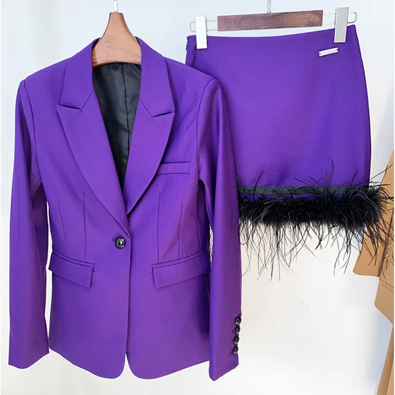 

Solid Color 2 Pcs Lady Half Skirt Set New Star Fashion One Button Slim Fit Suit with Feather Celebrity Prom Party Dress In Stock
