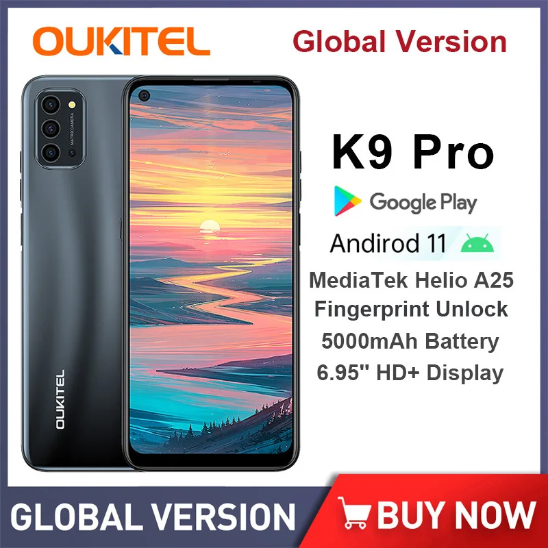 OUKITEL K9 Pro Smartphone 6.95Inch 4GB+64GB 5000mAh Android 11 Side Fingerprint Unlock Mobile Phone 13M Main Camera Cell Phone