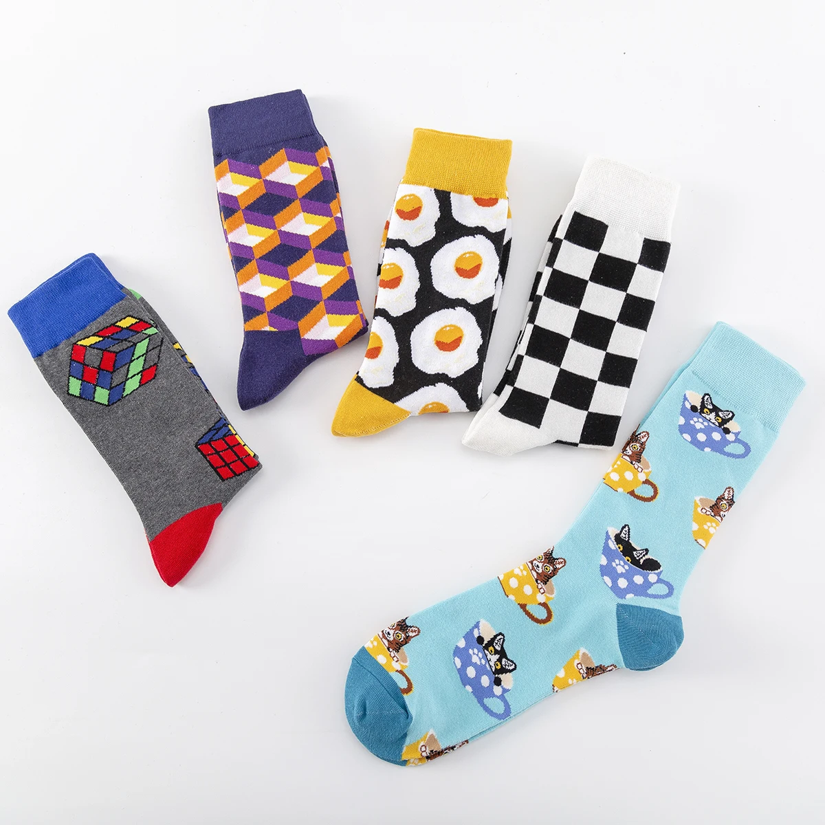 5 Pairs Colorful Casual Cotton Medium Tube Men Socks Happy Poached Egg Plaid Large Size Men's Funny Socks Dropshipping