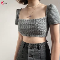 hotcy ladies autumn new style round neck long sleeve casual women grey knitted woolen crop top
