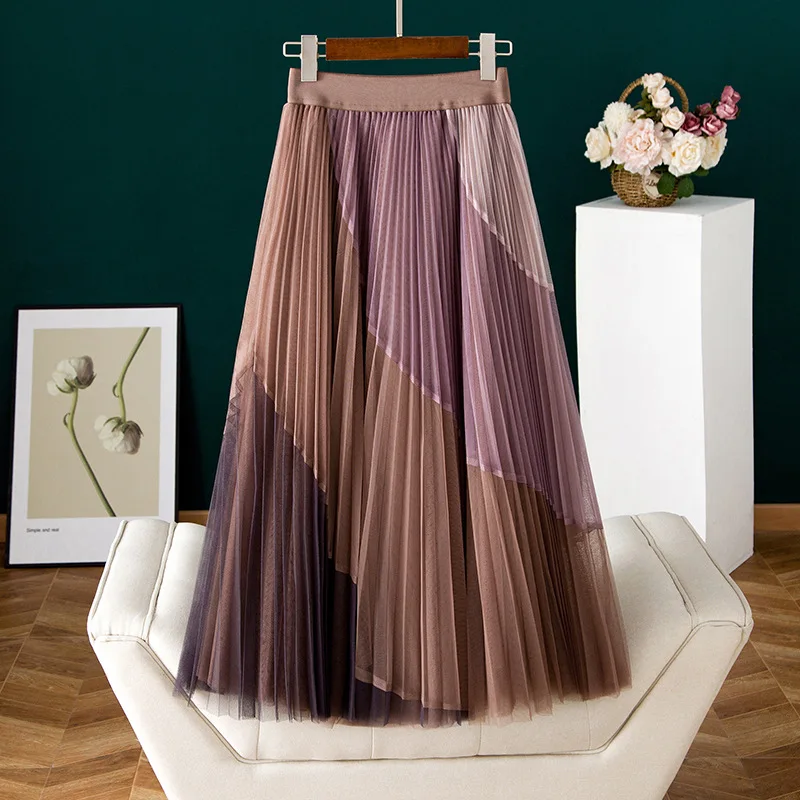 

New summer mesh contrast color stitched pleated skirt with high waist and large skirt with fluffy A-line skirt