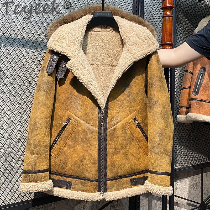 

Tcyeek Winter Sheepskin Genuine Leather Jacket Men Clothing Natural Shearling Fur Coats Warm Male Hooded Fur Jacket Chaquetas Lq