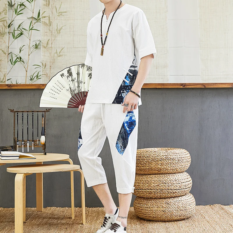 Мужской комплект из футболки с коротким рукавом и брюк хлопка льна - купить по