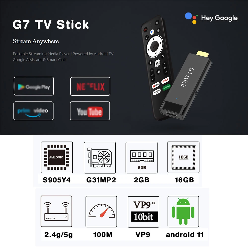 V Mini TV Stick G7 Android11 S905Y4 Quad Core Support Video 4K BT Dual Wifi Voice Assistant Control Portable Smart Boxes
