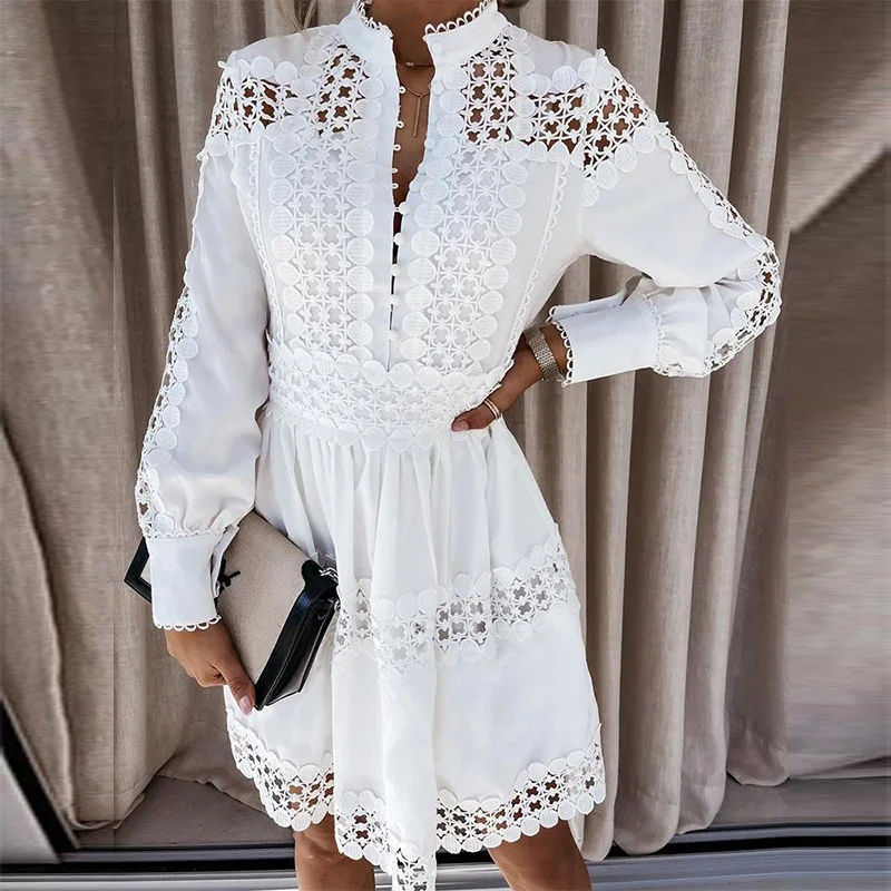 

2022 Lente Zomer Hollow Out Lace Party Dress Lente Knoppen Stand Kraag Kantoor Dame Jurk Casual Lange Mouw Patchwork Jurk
