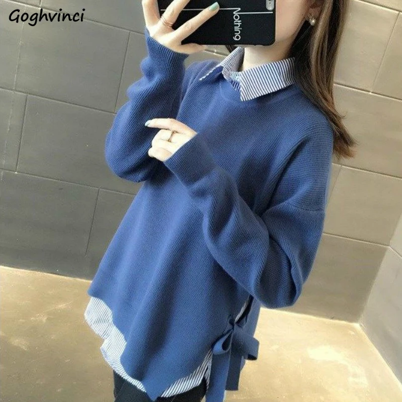 

Pullovers Women Winter Knitting Side-slit Lace-up Loose 3XL Korean-style Solid Fashion Students Chic Sweaters Soft All-match New