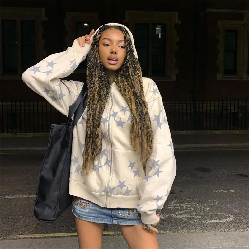 Women Vintage Star Print Hoodies Fashion Casual Zip Up Long Sleeve Loose Jacket Coats Harajuku Hooded Sweatshirts Y2k Streetwear |