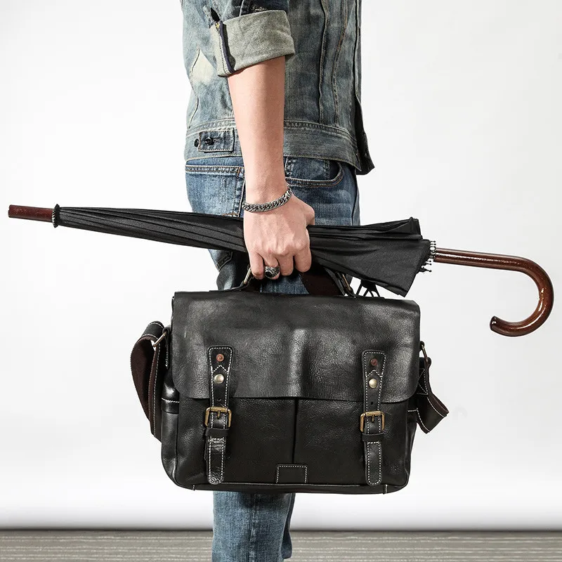 Fashion casual luxury genuine leather men's messenger bag business travel designer high quality real cowhide work black handbag