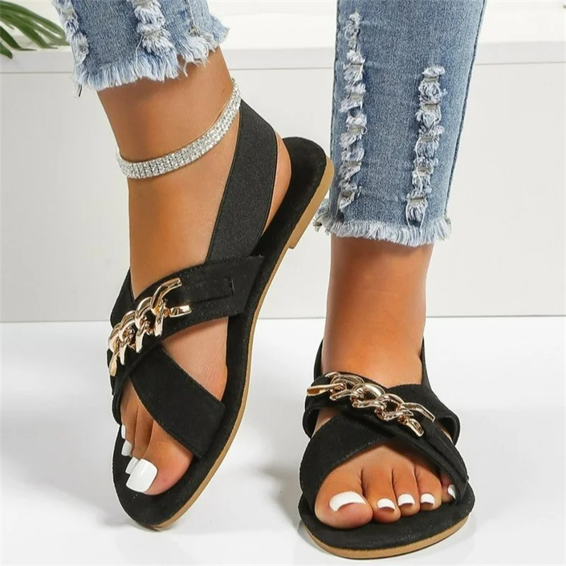 Ladies Fashion Metal Chain Sandals 2023 Summer Solid Color Suede Slip on Flat Bottom Sandals Casual Holiday Beach Women Shoes