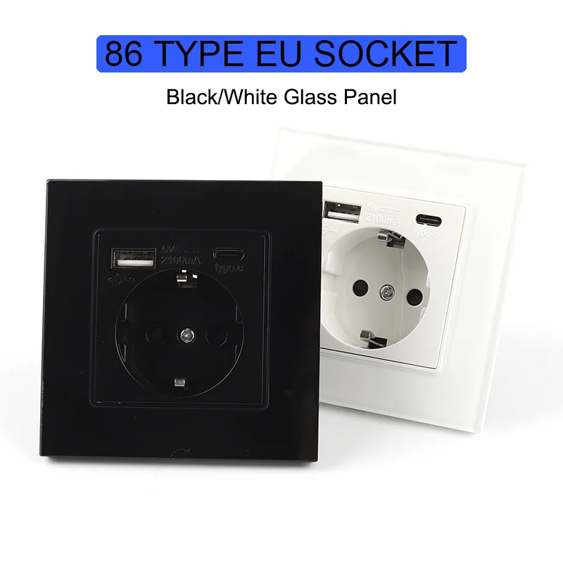 

EU Standard Type C Wall USB Outlet Crystal Glass Panel 16A White/Black Bedroom New Socket Type C Charge port Outlet