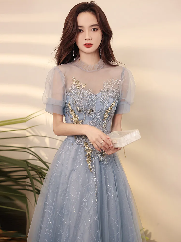 Puff Sleeve Cheongsam Blue Chinese Bridal Wedding Elegant Qipao V-Neck Prom Dresses French Maxi Pleated Sequins Vestidos