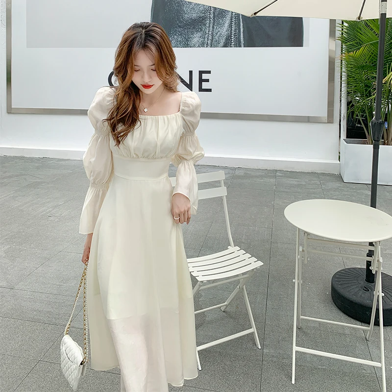 

Chiffon Women's Long Dress Bohemia Summer 2022 Solid Puff Sleeves Korean New Elegant Female Clothing A-LINE
