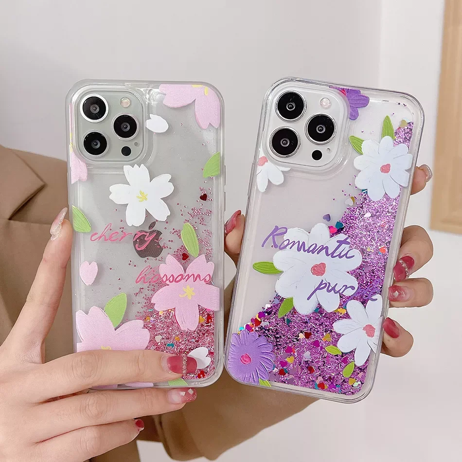 

Quicksand Glitter English pink flower Phone Case For iPhone 13 12 Mini 11 Pro Max 6 6S 7 8 Plus X XR XS Max Coque Cover