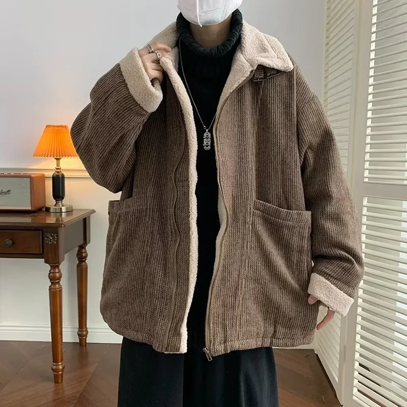 Winter Jacket Men Warm Fashion Retro Thicken Jacket Men Streetwear Korean Loose Thick Short Coat Mens Lamb Fur Jackets M-2XL