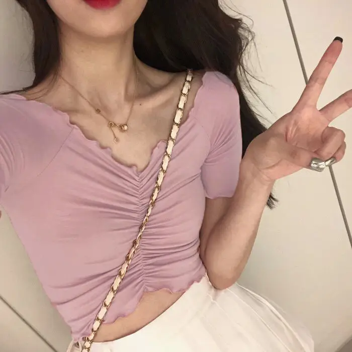 

Модные корейские элегантные футболки с V-образным вырезом, женская футболка в стиле Харадзюку, базовая Женская милая розовая уличная одежда...