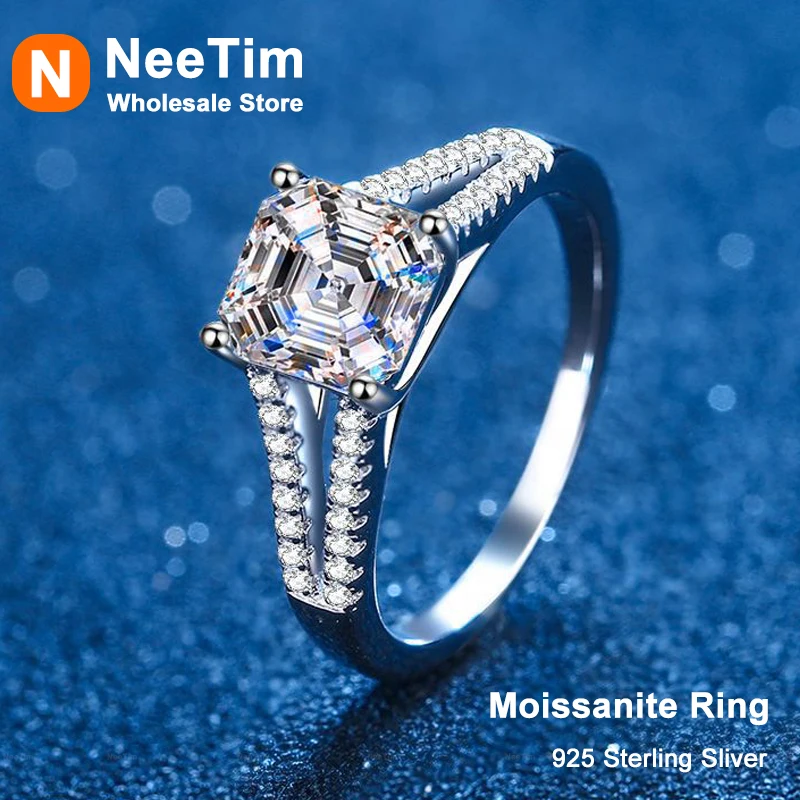 NeeTim 925 Sterling Silver Ring 2ct Moissanite Diamonds with Certificate Fine Jewelry Wedding Engagement Rings for Women Girls