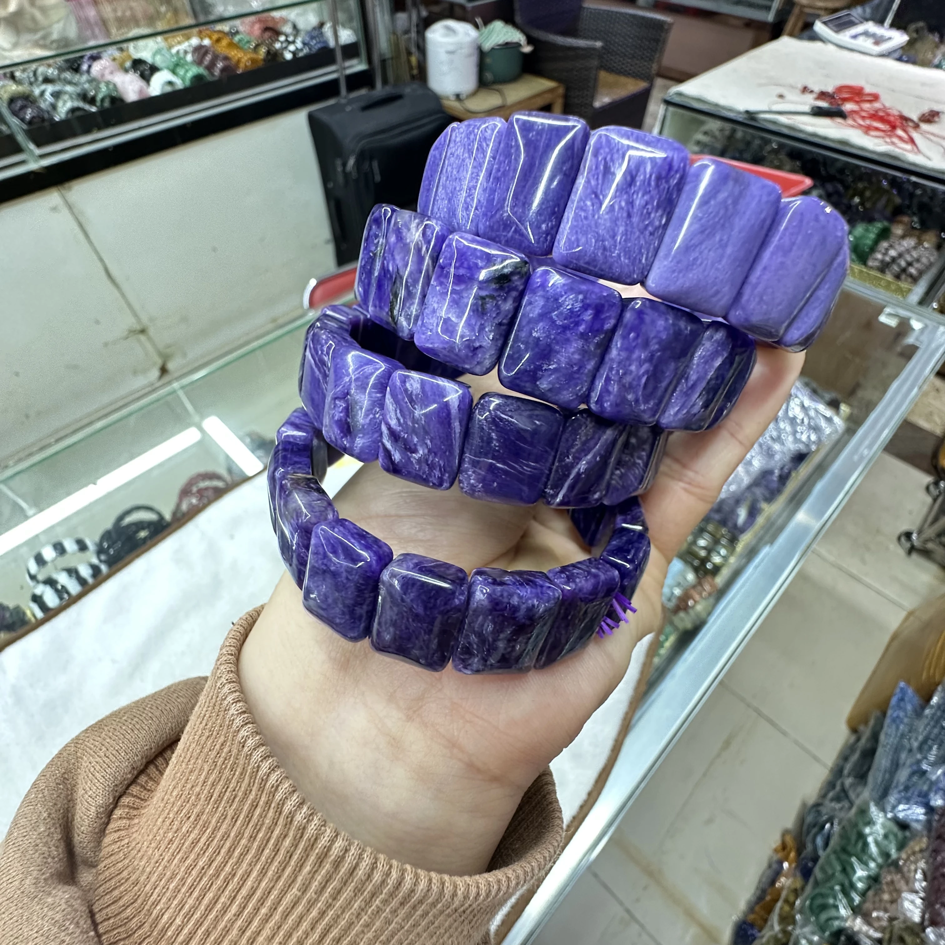 

Wholesale Natural Charoite Stone Beads Bracelet for Women Geometric Strand Bracelet Gemstone Jewelry Bangle Gift about 12*16mm