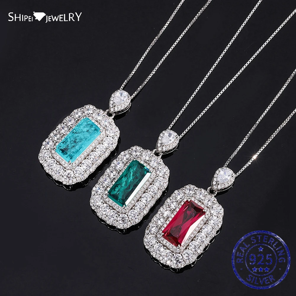 

Shipei 925 Sterling Silver Emerald Ruby Paraiba Tourmaline Created Moissanite Gemstone Party Pendant Necklace Fine Jewelry Gifts