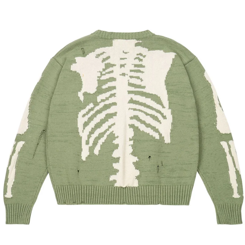 

Men Sweater Green Loose Skeleton Bone Printing Woman High Quality High Street Damage Hole Vintage 1:1 Knitted Sweater