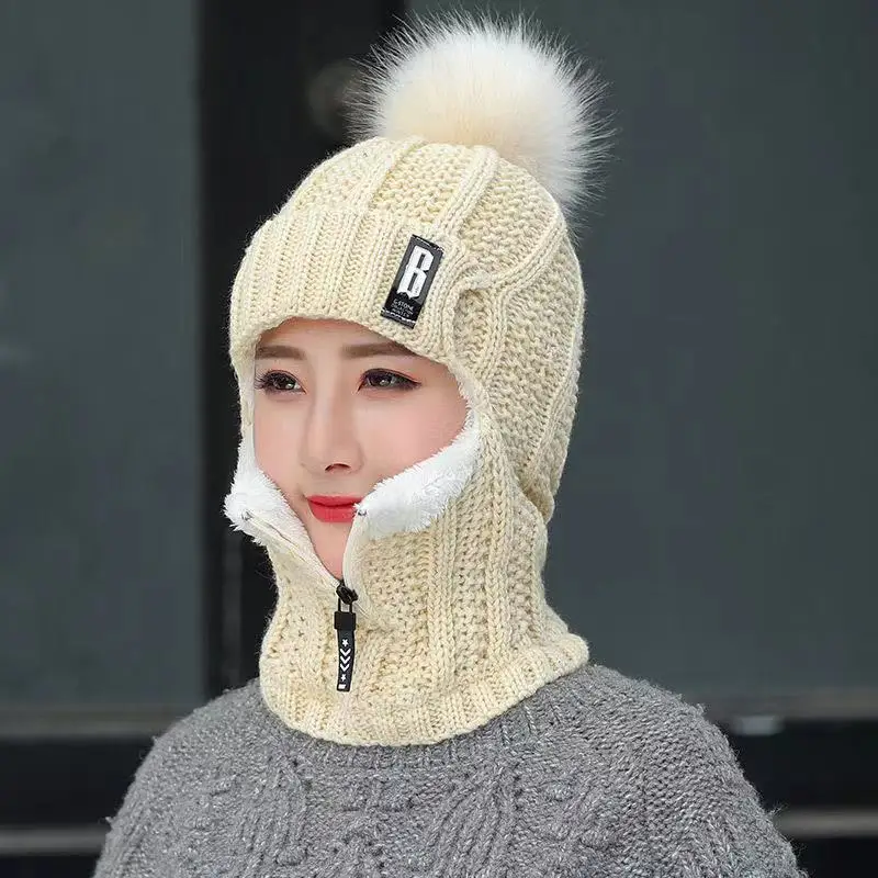 Women Wool Knitted Hat Ski Hat Sets Windproof Winter Outdoor Knit Thick Siamese Scarf Collar Warm Keep Face Warmer Beanies
