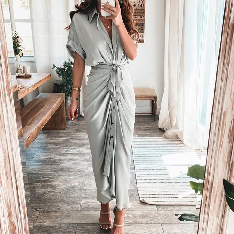 

Женское пляжное платье макси на пуговицах, однотонное элегантное платье-рубашка с коротким рукавом, V-образным вырезом и рюшами, лето 2022